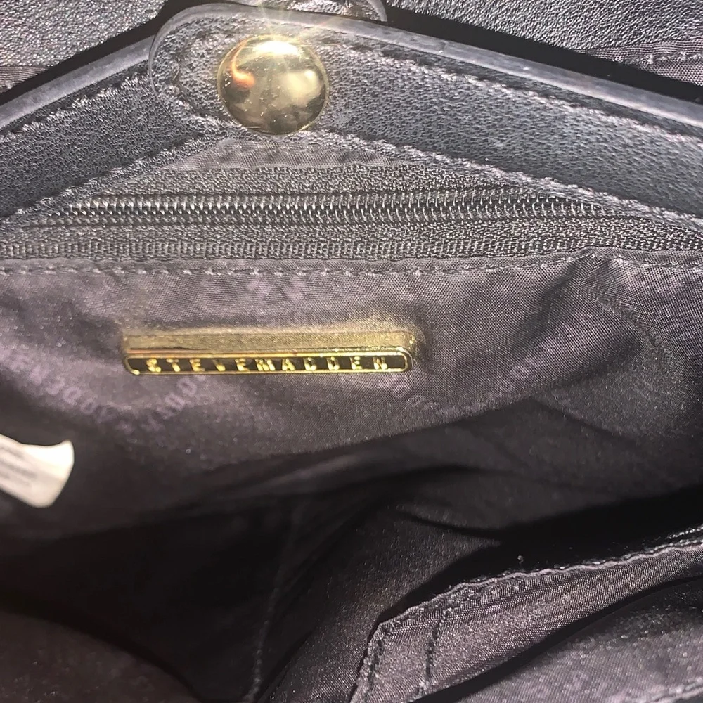 Steve Madden Black Faux Leather Mini Backpack with Gold Accents
